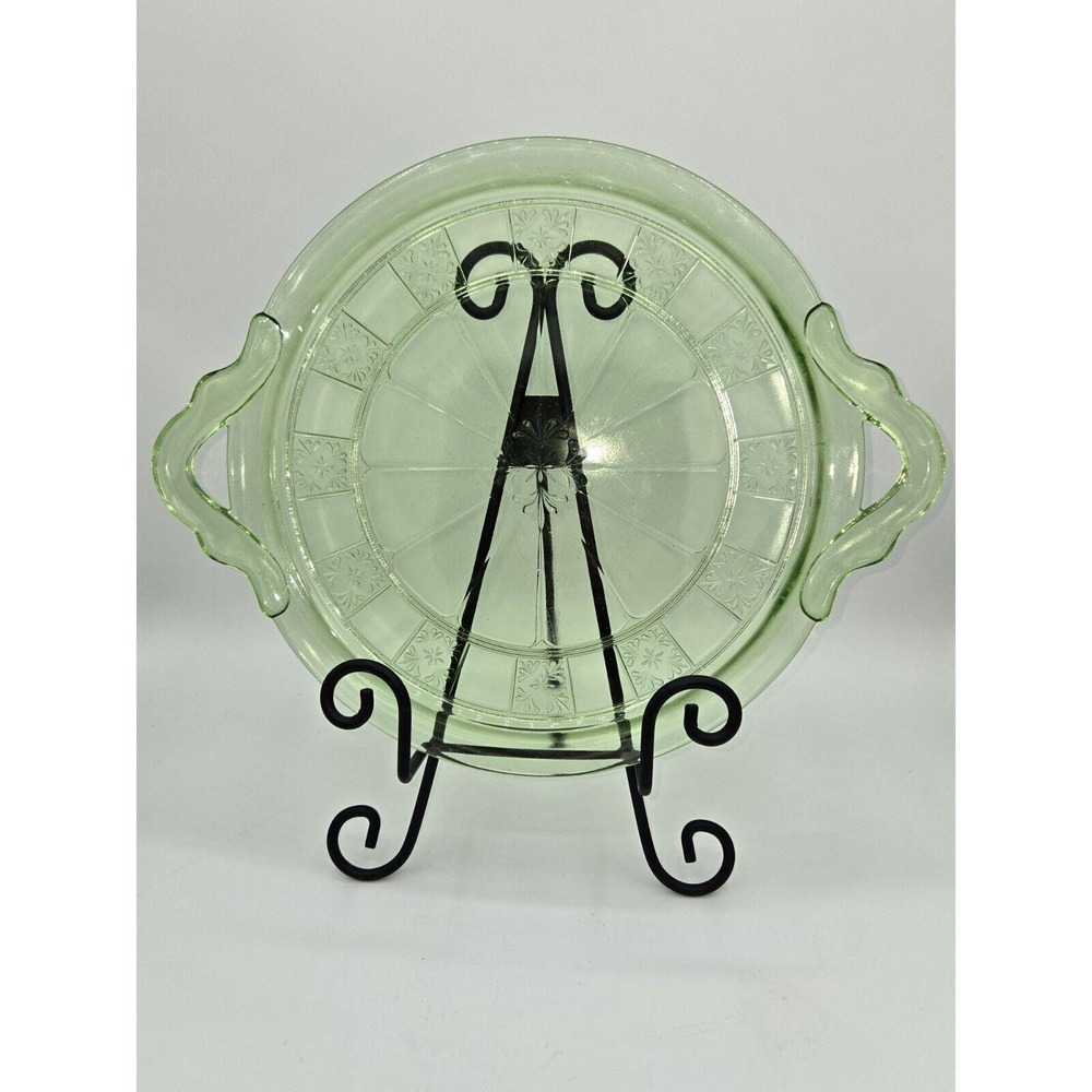 Jeanette‎ Glass Doric Green Uranium Depression Glass Double Handled Cake Plate